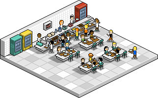 Une cafétéria, avec plusieurs personnes soit à table, soit faisant la file. Dessin en pixel-art, en vue isométrique. © Laurent Bazart