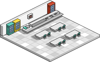 Une cafétéria, vide. Dessin en pixel-art, en vue isométrique. © Laurent Bazart