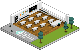 Une salle de classe vide, dans une école. Dessin en pixel-art, en vue isométrique. © Laurent Bazart