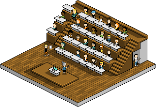 Un auditoire avec plusieurs élèves assis. Dessin en pixel-art, en vue isométrique. © Laurent Bazart