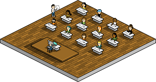 Une salle d'exercices avec plusieurs élèves derrière leurs tables. Dessin en pixel-art, en vue isométrique. © Laurent Bazart