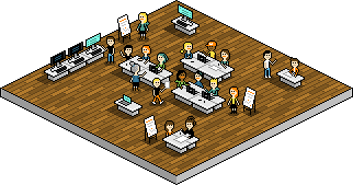Une salle de travaux pratiques avec des étudiantes et étudiants. Dessin en pixel-art, en vue isométrique. © Laurent Bazart
