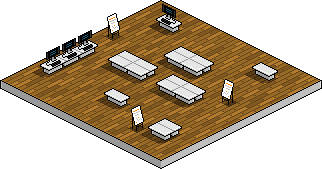 Une salle de travaux pratiques vide. Dessin en pixel-art, en vue isométrique. © Laurent Bazart