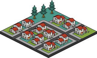 Un quartier de logements. Quelques sapins. Dessin en pixel-art, en vue isométrique. © Laurent Bazart