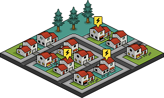 Un quartier de logements. Quelques sapins. Des pictogrammes évoquent des coupures de courant. Dessin en pixel-art, en vue isométrique. © Laurent Bazart