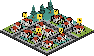 Un quartier de logements. Quelques sapins. Des pictogrammes évoquent plusieurs coupures de courant. Dessin en pixel-art, en vue isométrique. © Laurent Bazart
