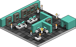 Une salle avec des serveurs informatiques avec des chercheuses et chercheurs y travaillant. Dessin en pixel-art, en vue isométrique. © Laurent Bazart