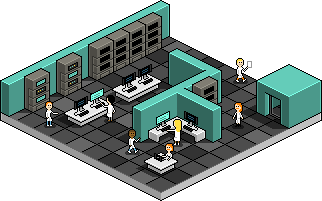 Une salle avec des serveurs informatiques à moitié éteints. Quelques chercheuses et chercheurs y travaillent. Dessin en pixel-art, en vue isométrique. © Laurent Bazart