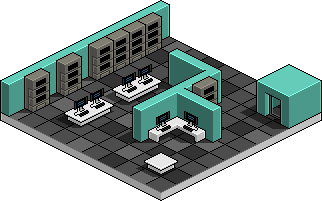 Une salle de serveurs informatiques vide. Dessin en pixel-art, en vue isométrique. © Laurent Bazart