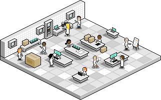 Une salle de recherche expérimentale avec des chercheuses et chercheurs y travaillant. Dessin en pixel-art, en vue isométrique. © Laurent Bazart