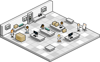 Une salle de recherche expérimentale à moitié vide, avec quelques chercheuses et chercheurs y travaillant. Dessin en pixel-art, en vue isométrique. © Laurent Bazart