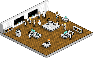 Une salle de recherche théorique. Plusieurs personnages au travail. Dessin en pixel-art, en vue isométrique. © Laurent Bazart