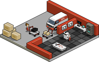 Des locaux techniques de l'EPFL (dont un garage avec un van) avec deux personnes travaillant sur place. Dessin en pixel-art, en vue isométrique. © Laurent Bazart