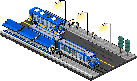 Une route avec des piétons, un bus et un tramway. Dessin en pixel-art, en vue isométrique. © Laurent Bazart
