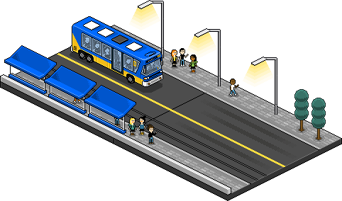 Une route avec un bus et quelques piétons. Dessin en pixel-art, en vue isométrique. © Laurent Bazart