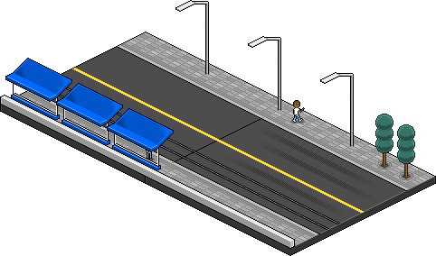Une route avec juste un piéton. Les réverbères sont éteints. Dessin en pixel-art, en vue isométrique. © Laurent Bazart
